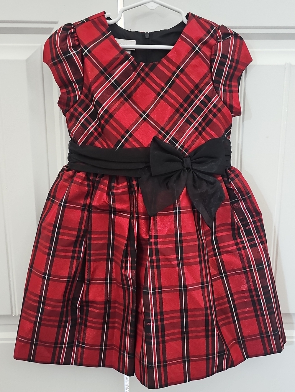 Bonnie Jean Red Plaid Holiday Dress with Black Bow Sash